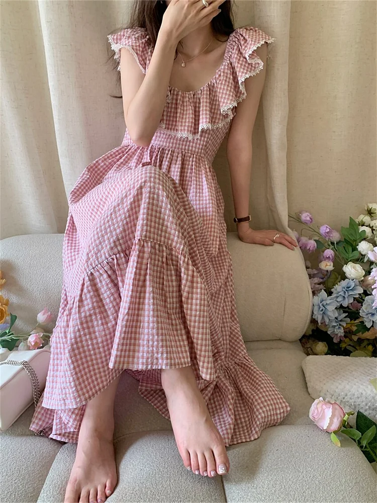 Fairy Round Neck With Ruffled Plaid Ruffles Hem Sleeveless Dress