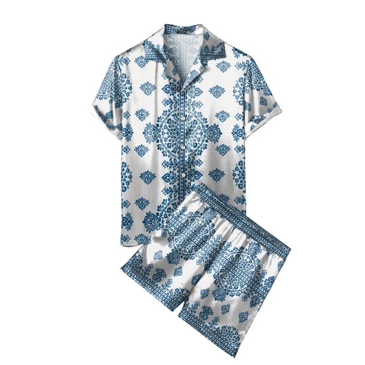 BrosWear Blue Print Shirt And Shorts Beach Two Piece Set