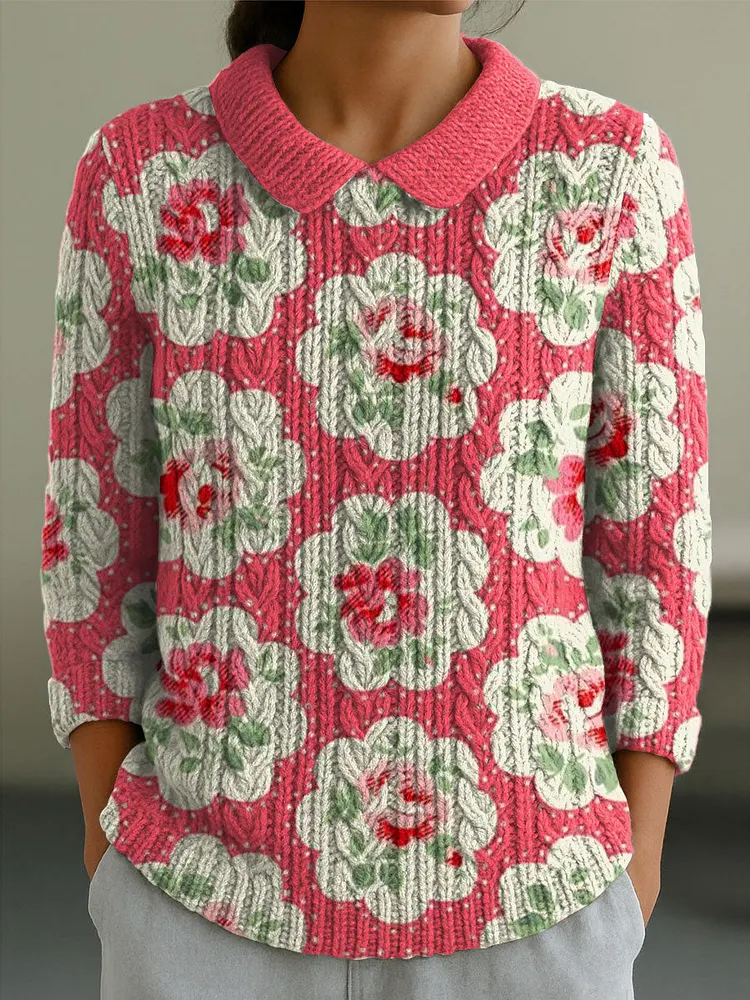 Women's Vintage Floral Flower Splicing Art Print Casual Peter Pan Collar 3/4 Sleeve Sweater