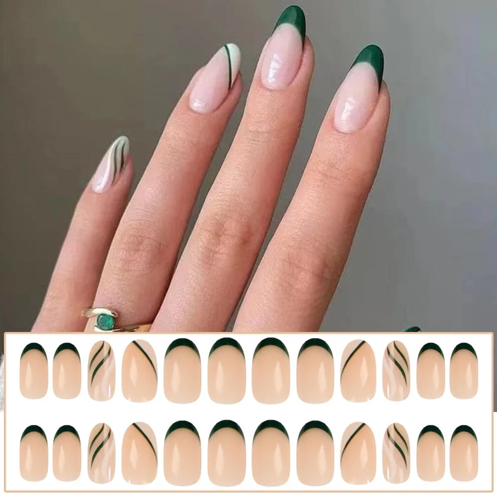 24pcs Point Head False Nails Tips Press On Nail with Heart Print Design Girl DIY Nail Patch Removable French Style Fake Nails-Nail Inspo
