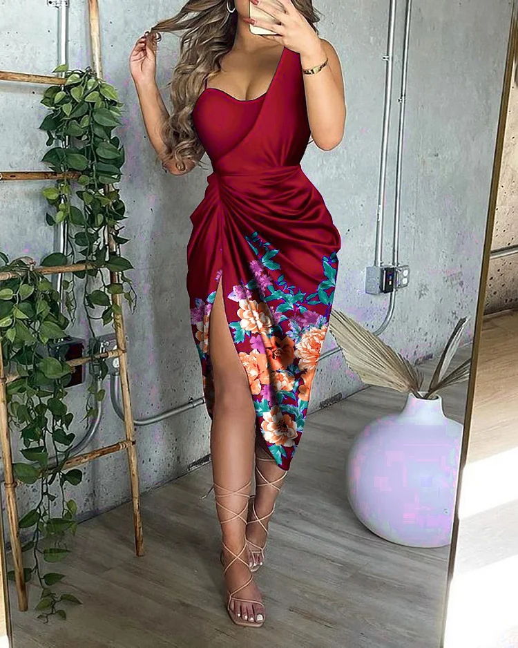 One-shoulder Strap Print Pleated Dress