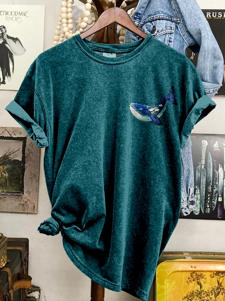 Water Lilies Inspired Embroidered Whale Washed T Shirt