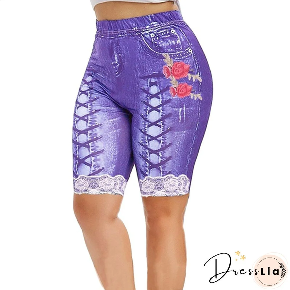 Women Lace Up Floal Print Faux Faux Denim Shorts Casaul Slim Fit Capri Shorts Leggings