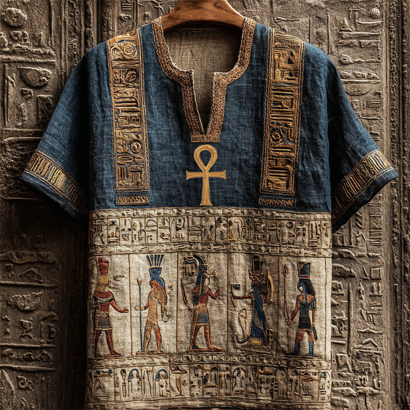 Ankh Ancient Egyptian Gods & Runes Embroidered Linen Shirt
