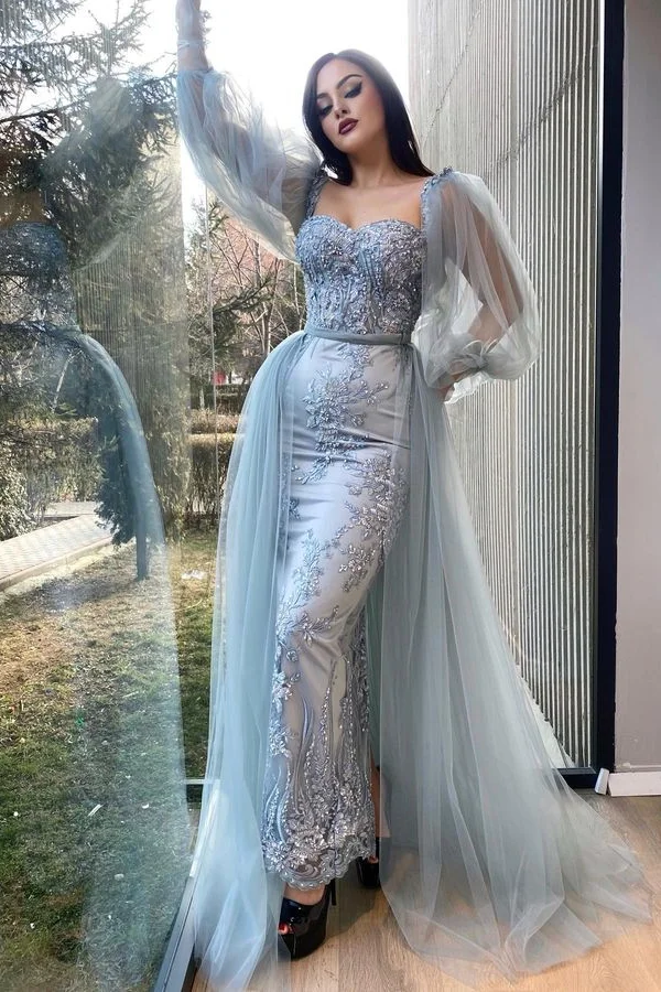 Luluslly Tulle Sheer Long Sleeves Mermaid Evening Dress Sweetheart With Appliques Overskirt