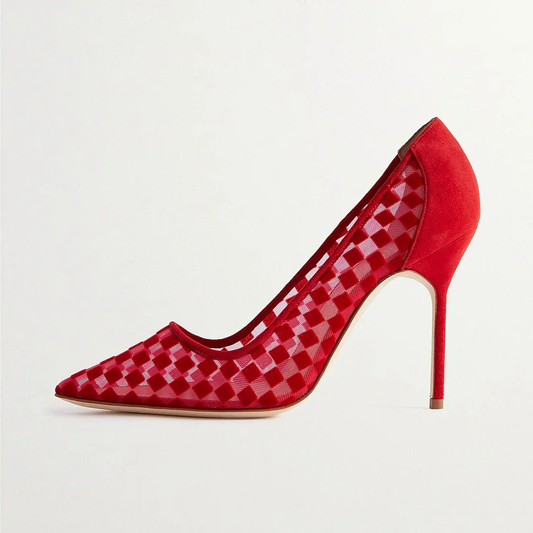 Stylish Pointed Toe Mesh & Vegan Suede Splicing Plaid Red Pumps |FSJ Shoes