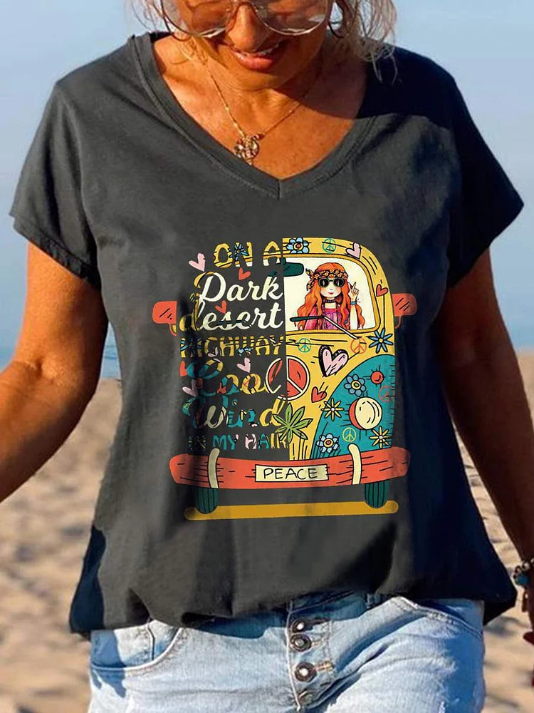 On A Dark Desert Highway Cool Wind In My Hair Hippie Print Tees