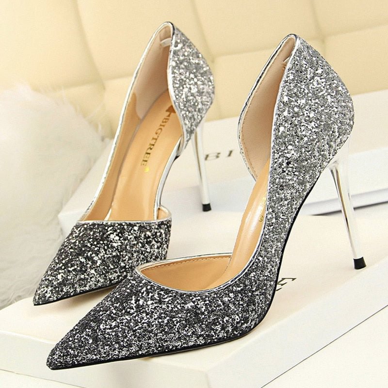 BIGTREE Shoes Sequins Woman Pumps Sexy Party Shoes High Heels Women Wedding Shoes Gold Silver Women Heels 9.5 Cm Ladies Shoes