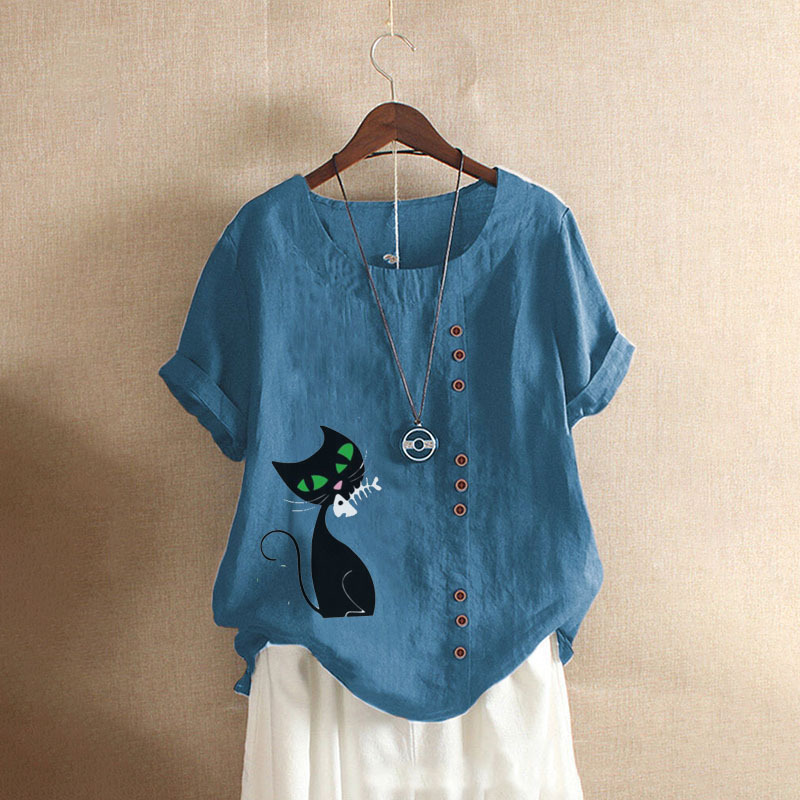 Groksage Woman Blouse 2025 Summer Retro Casual Loose Fitting Cotton And Linen Short Sleeved Pullover Shirt Ladies Botton Cat Print Tops