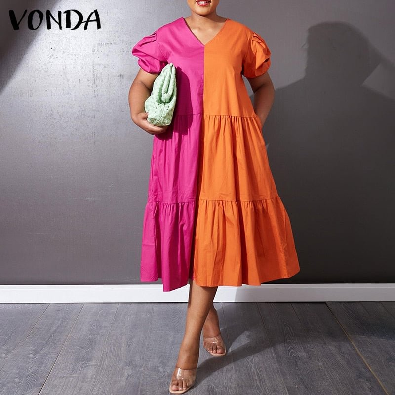 Summer Dress 2022 VONDA Women Vintage Patchwork Puff Sleeve Party Dress Sexy V Neck Short Sleeve Party Vestido Femininas Robe