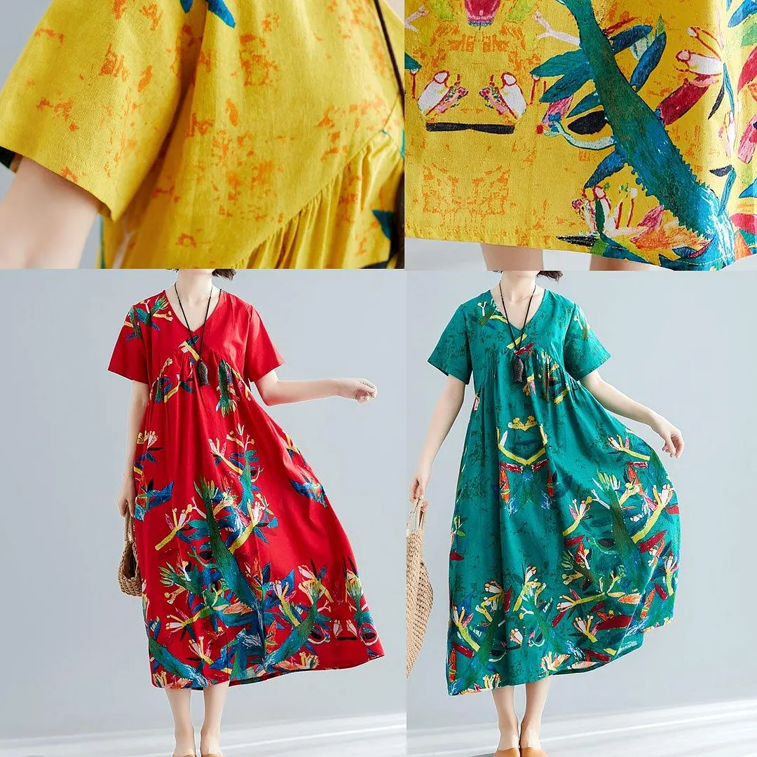 Modern v neck cotton tunic pattern Sewing red prints Kaftan Dresses summer