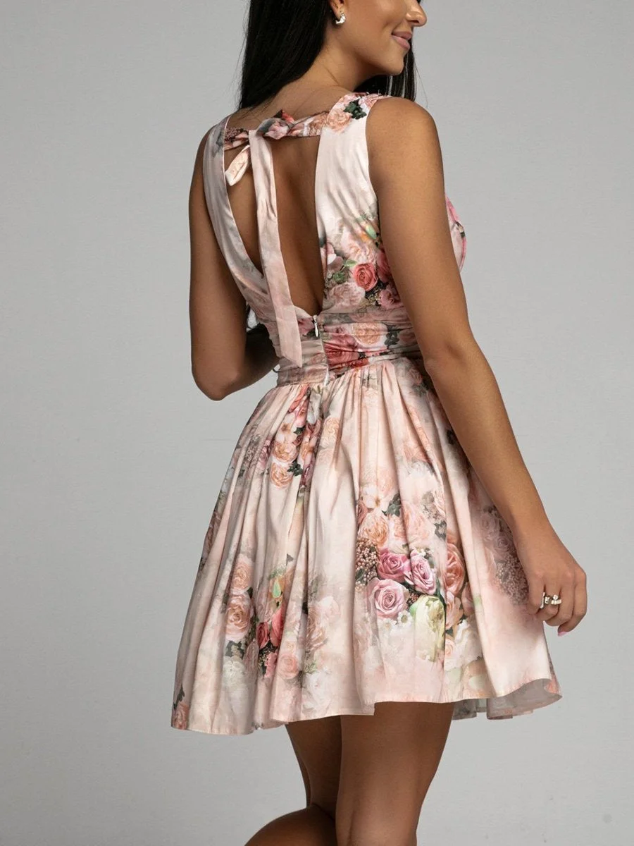 Sexy deep V high waist backless floral dress