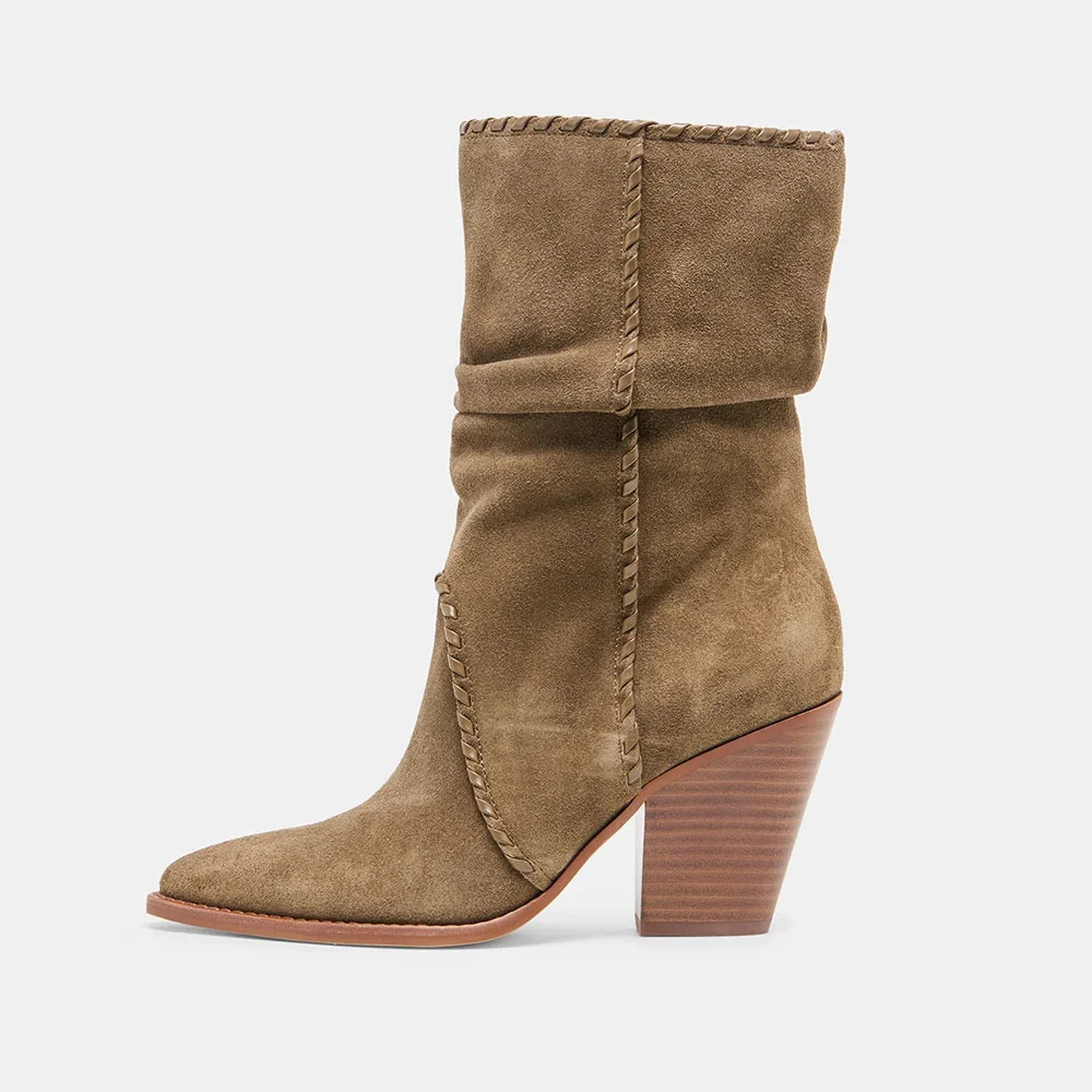 Brown Pointed Toe Chunky Heel Slouchy Pleated Pull On Boots for Women