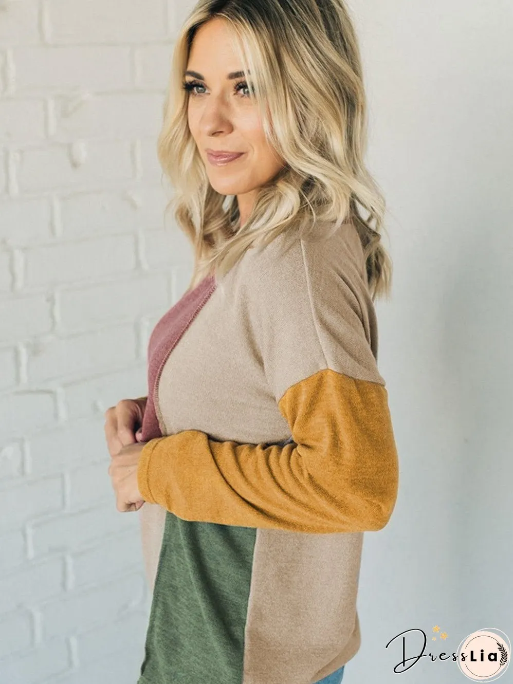 Light Beige French Seam Detail Colorblock Knit Top with Long Sleeves
