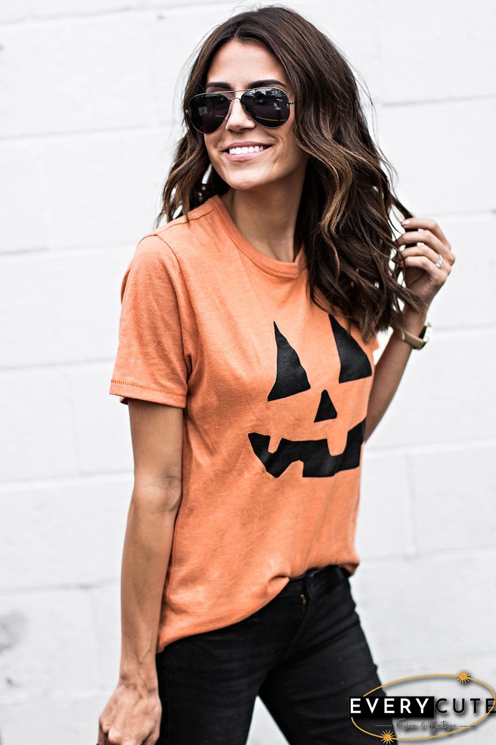 Round Neck Short Sleeve Pumpkin Pattern Orange T-shirt