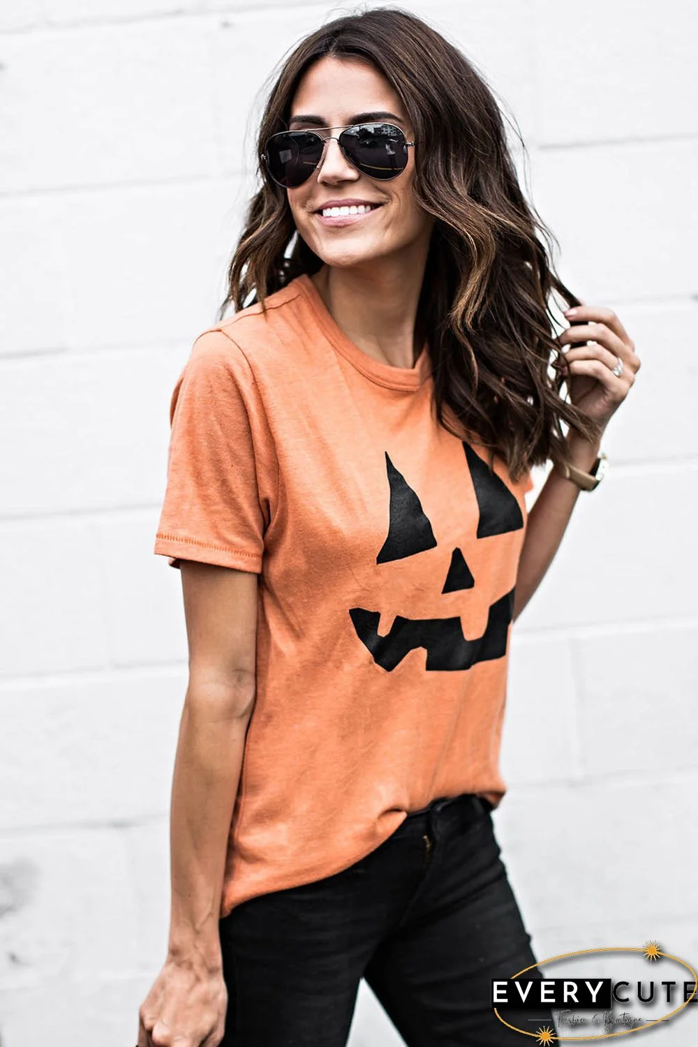 Round Neck Short Sleeve Pumpkin Pattern Orange T-shirt