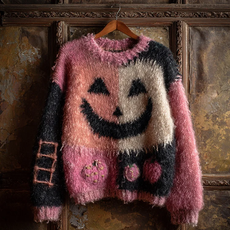 Women's Vintage Halloween Pink Ghost Face Knit Sweater