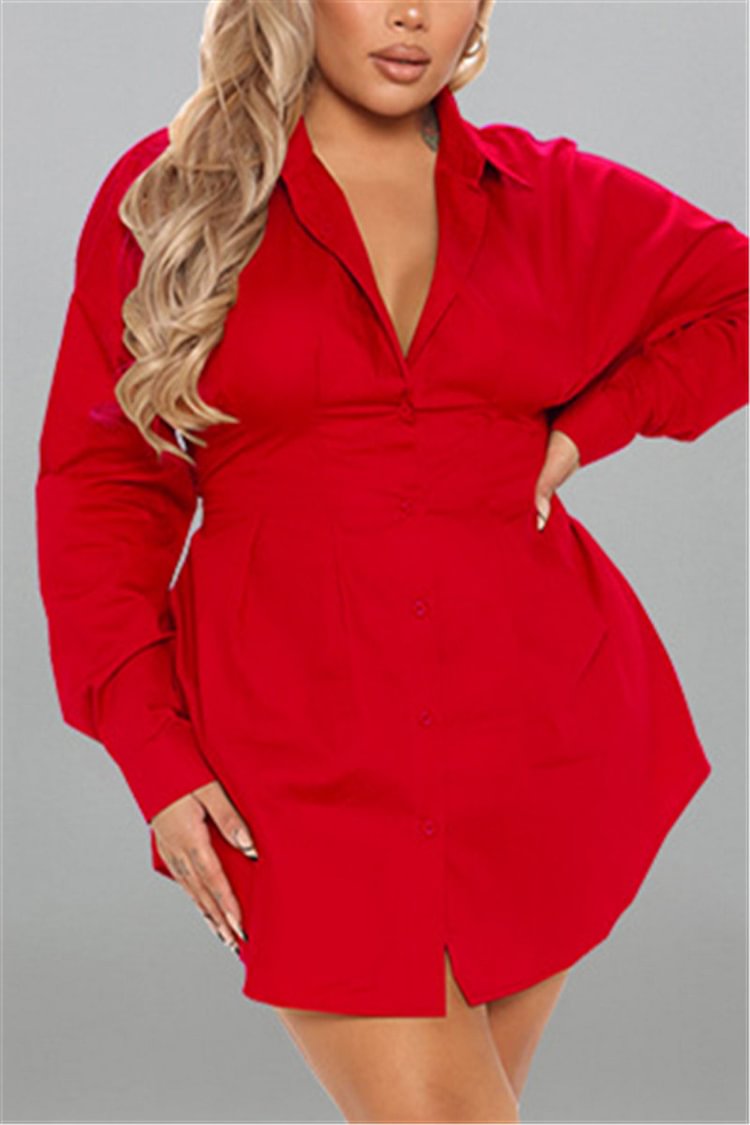 Plus Size Casual Red Single Breasted Pleated Lapel Tunic Long Sleeve Mini Dress