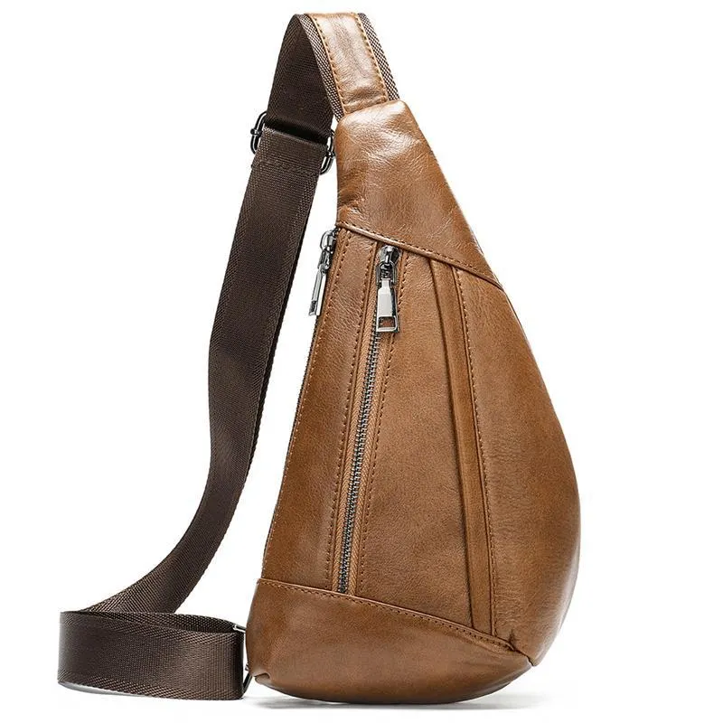 Textured Style Adjustable Strap Genuine Leather Multiple Compartment Sling Backpack