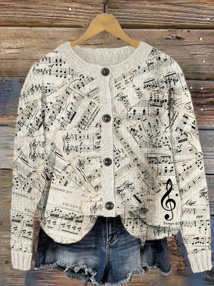 Comstylish Vintage Faded Sheet Music Treble Clef Cozy Knit Cardigan