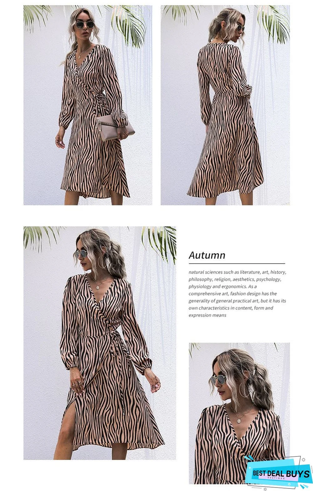 Wrap-Around Long-Sleeved Zebra Print V Collared Lace Dress