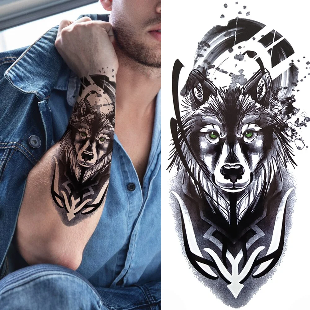 Sdrawing Wolf Forest Tattoo Sticker For Men Women Children Tiger Death Skull Temporary Tatoo Fake Lion Skeleton King Animal Tattoo