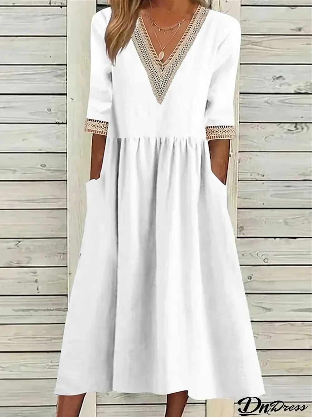 Women's Casual Dress Cotton Linen Dress Swing Dress Midi Dress Cotton Blend Basic Classic Outdoor Daily V Neck Patchwork Pocket Half Sleeve Summer Spring Fall Loose Fit White Plain S M L XL 2XL