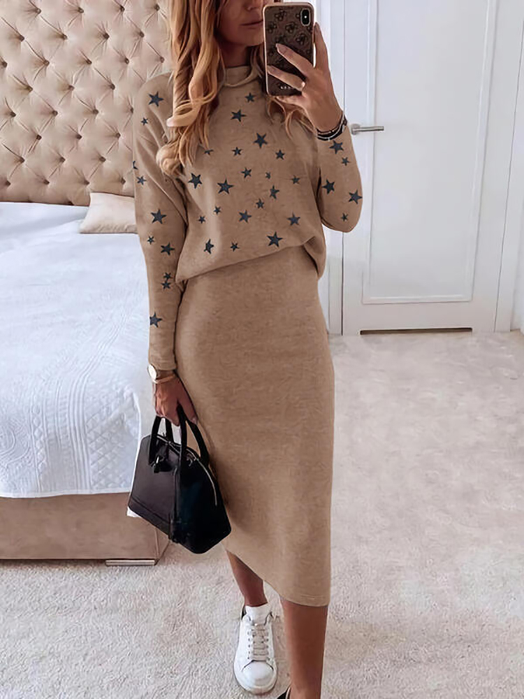 Thingsroom Women Elegant Two Piece Set Skirts Sets Autumn Casual O Neck Printing Long-sleeved Pullover Sweatshirt and Bodycon Skirt Outfits