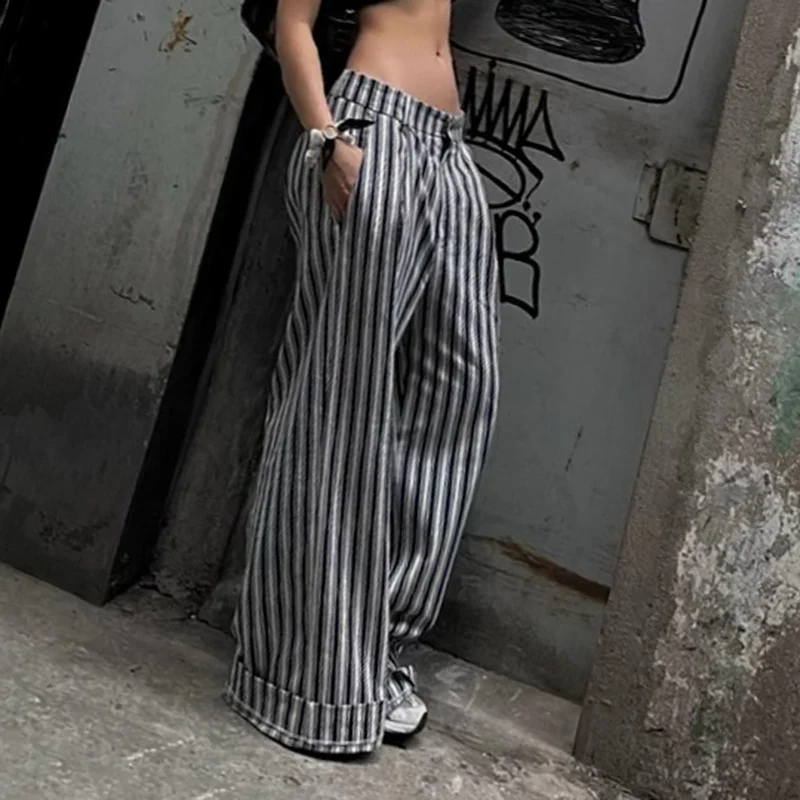 Toloer Toloer Cool Girl Wind Black And White Stripes Bump Color Low Waist Overalls Low Waist Loose Straight Tube Casual Pants-Outfit Ideas