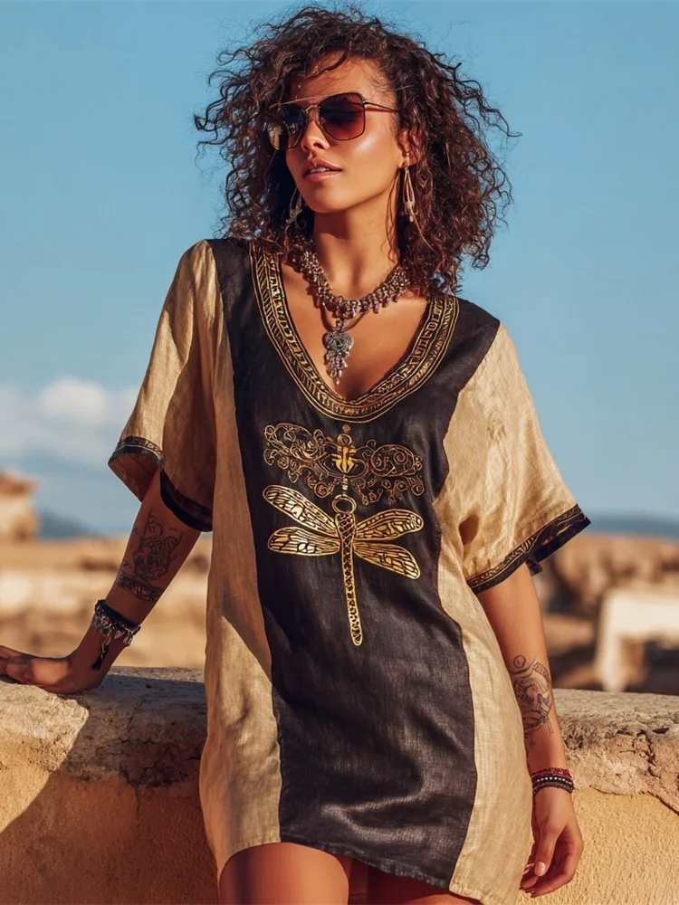 Vintage Egyptian Dragonfly Pattern Women's Linen V-neck Mini Dress