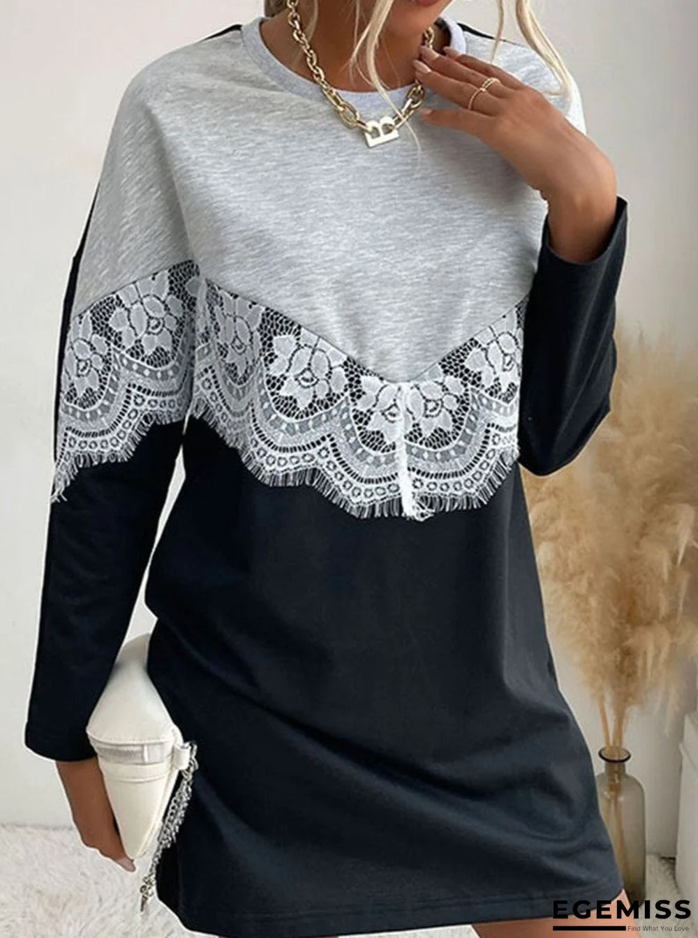 Fashion Round Neck Flower Lace Stitching Long-sleeved Casual Shift Dress | EGEMISS