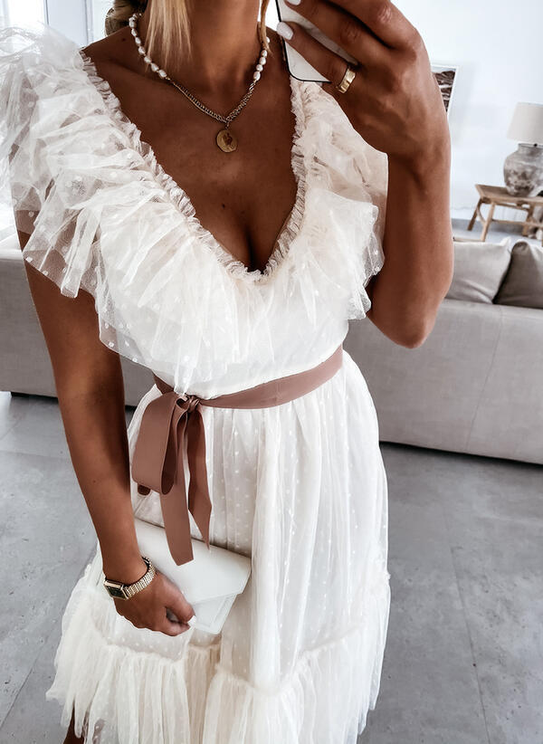 Dot Mesh V Neck Cake Skirt Dresses