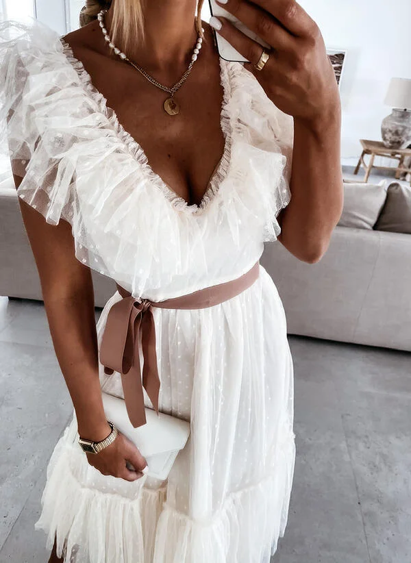 Dot Mesh V Neck Cake Skirt Dresses