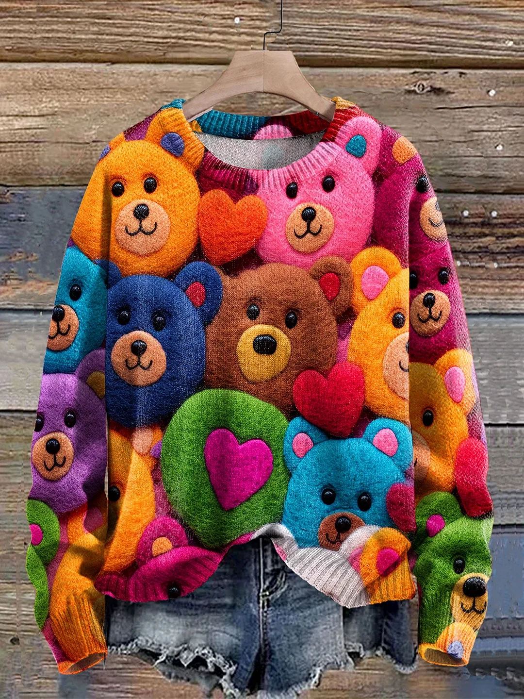 Valentine's Day Teddy Bear with Hearts Seamless Pattern Print Knit Pullover Sweater