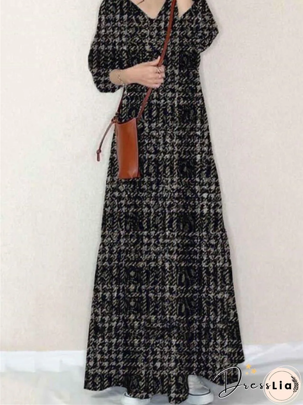 Plaid Pendulum V-neck Long-sleeved Dress