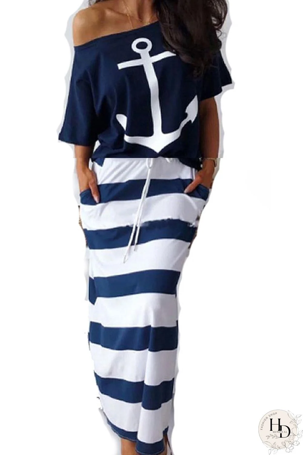 White and blue Polyester England Striped Geometric Letter Print bow-knot pencil Half Sleeve Two Pieces