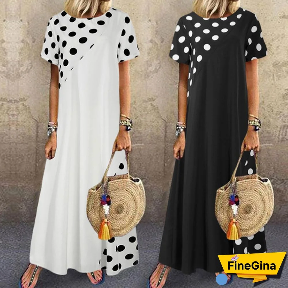 Summer Women Polka Dot Maxi Dress Robe Short Sleeve Round Neck Patchwork Party Casual Loose Long Dress Plus Size Tunic