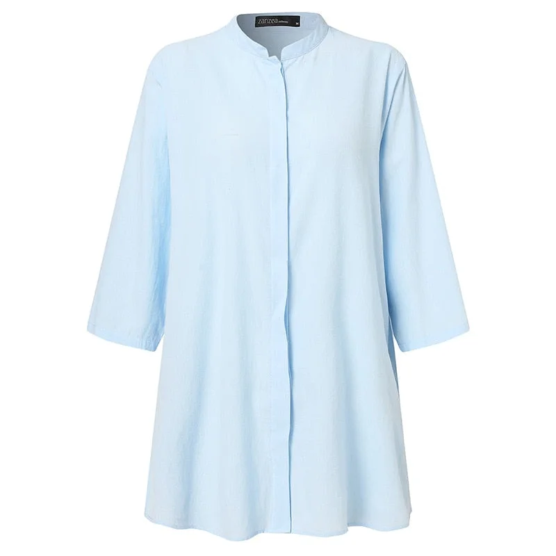 Oversized ZANZEA Women Elegant 3/4 Sleeve Buttons Down Shirt Casual Summer Thin Blouse Work Blusas Female Solid Loose Tops Tunic