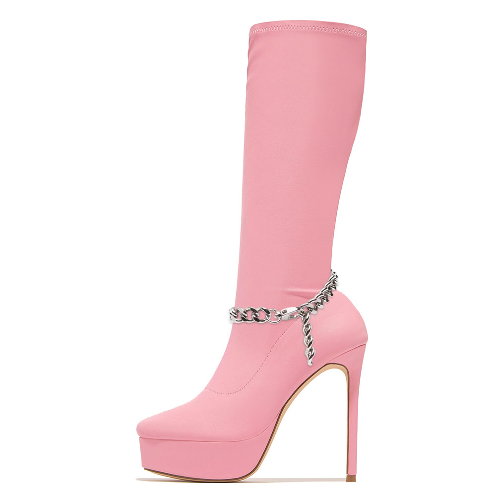 Trendy Pink Square Toe Metal Chain Stiletto Heel Platform Boots Nicepairs