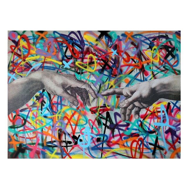 Cotton Tshirt Graffiti Art and The Creation of Adam Poster and Print Famous  Hand To Hand Canvas PaintingsStreet Pictures Modern Home Decor t -shirt Tee