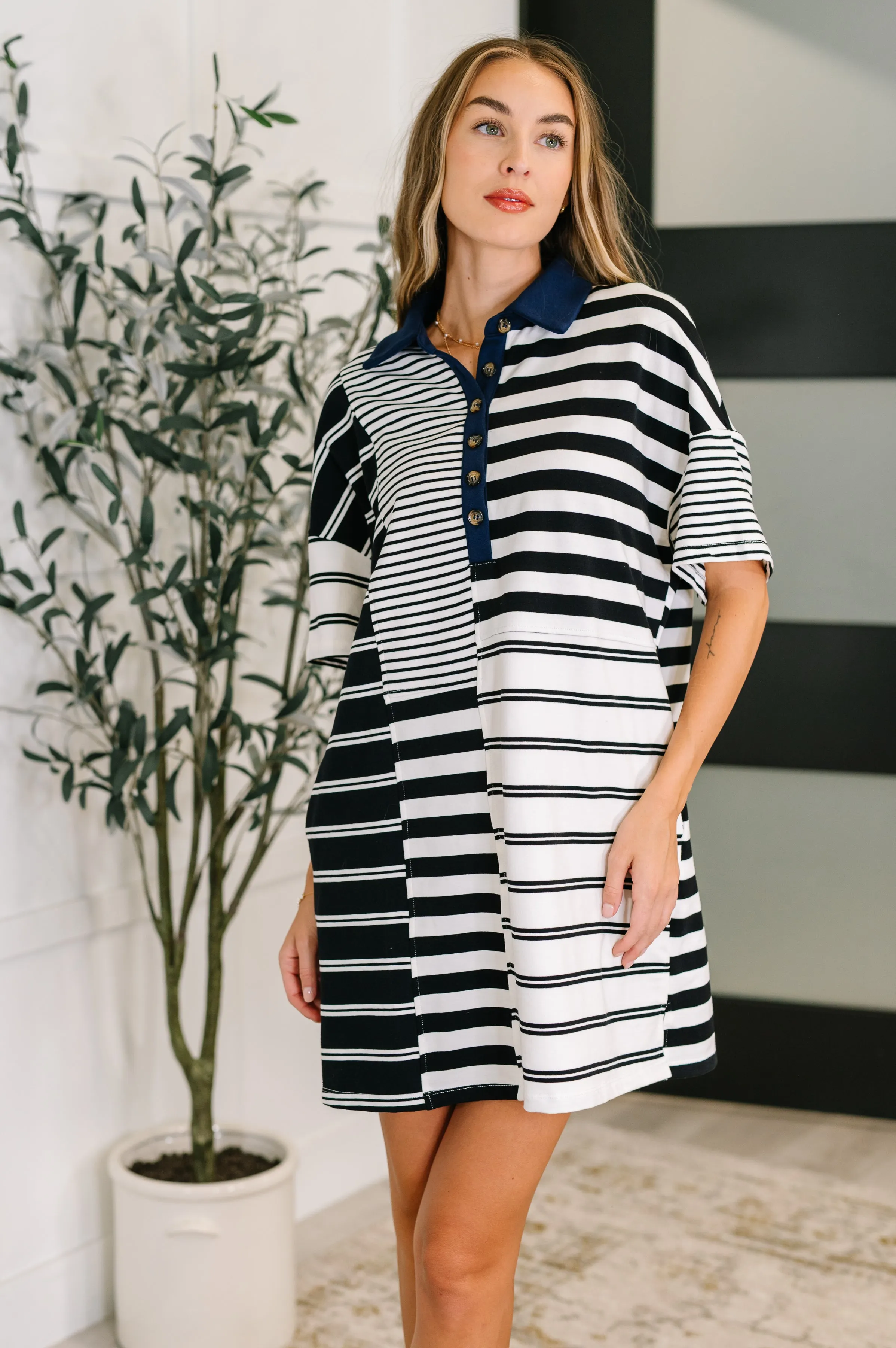 Everlasting Love Striped Collared Dress in Black and Navy mysite idetrend