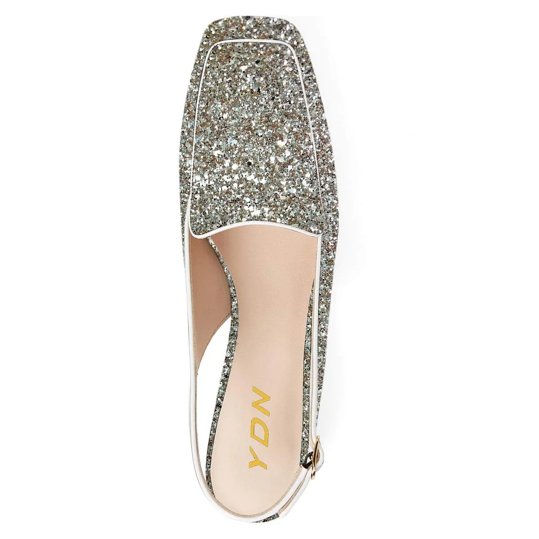 Silver Glitter Square Toe Slingback Chunky Heeled Loafers Women