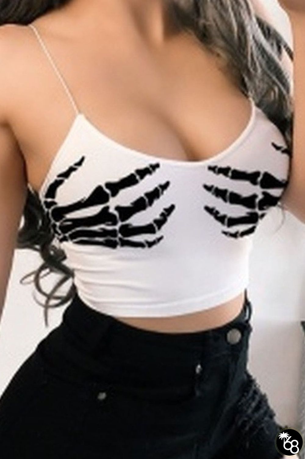White Sexy Street Print Patchwork Spaghetti Strap Tops | 168DEAL