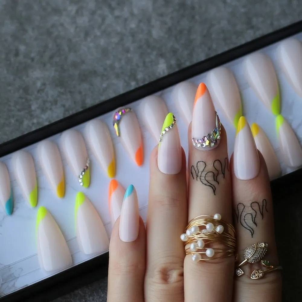 French Rainbow false nails stiletto gel Handmade diamonds Art Fluorescence Nude Neon long Fake Nails Side Colorful Box gift-Nail Inspo