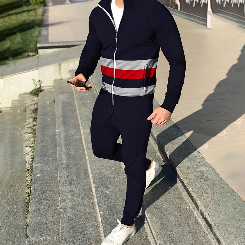 Stand Collar Zipper Simple Stripe Contrast Color Jacket And Pants