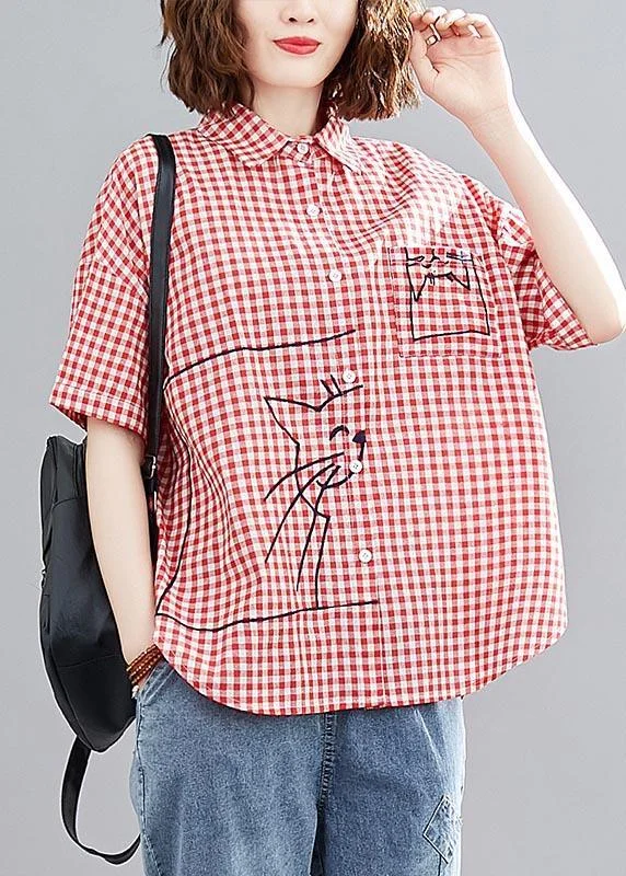 DIY Red Plaid Cat Printed Cotton Linen Blouses Summer