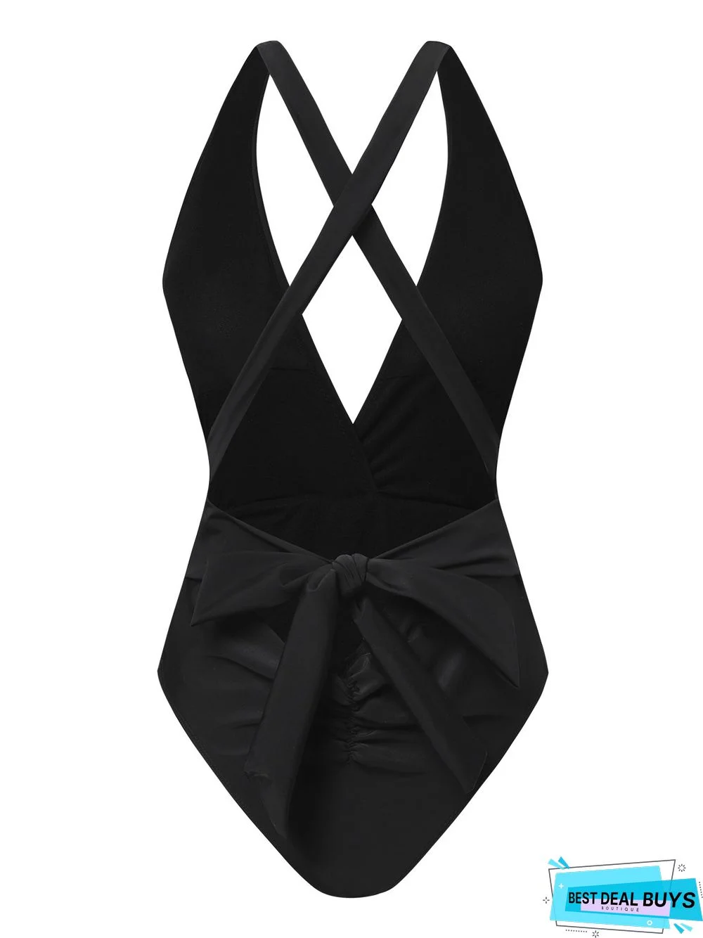 Casual Plain Knot Front V Neck One Piece Swimsuit