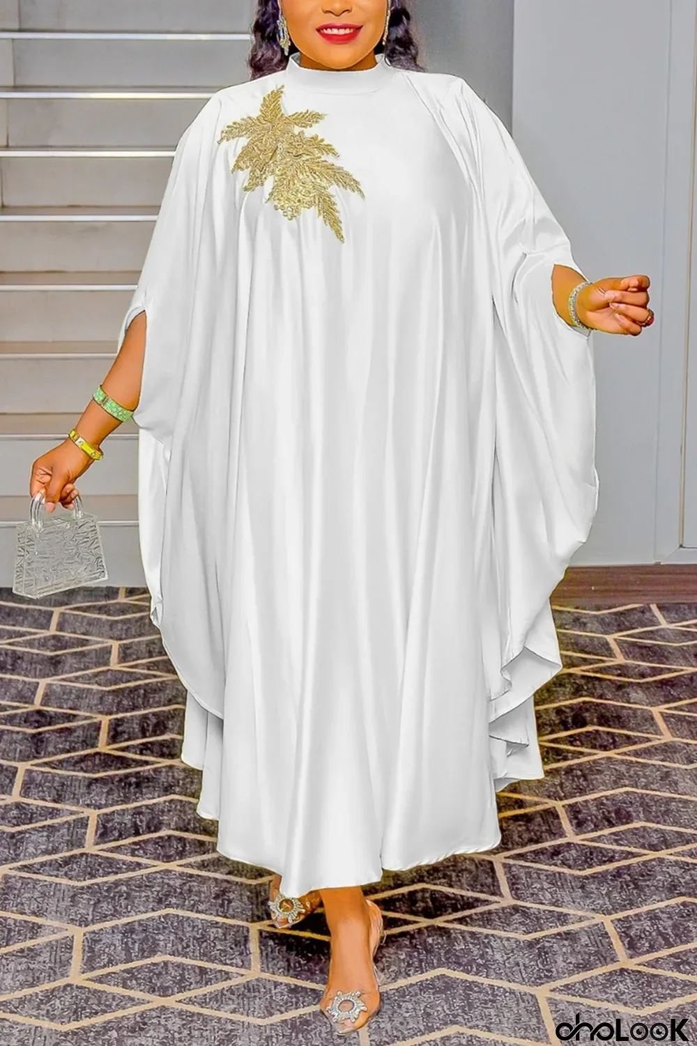 White Casual Daily Solid Appliques Beading O Neck Long Dress Dresses