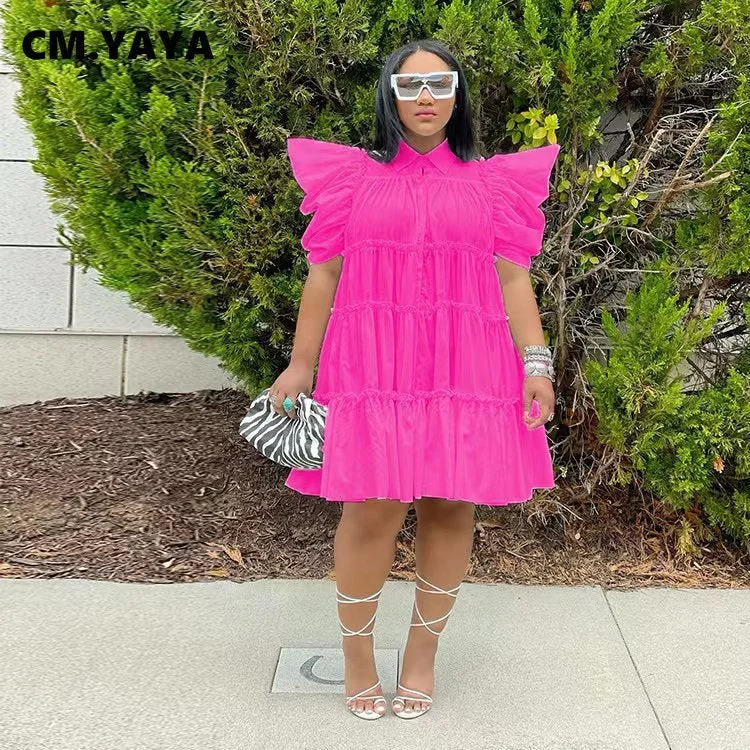 Uveng Dress High Waist Retro Pleated Puff Sleeve Loose Women's Shirt