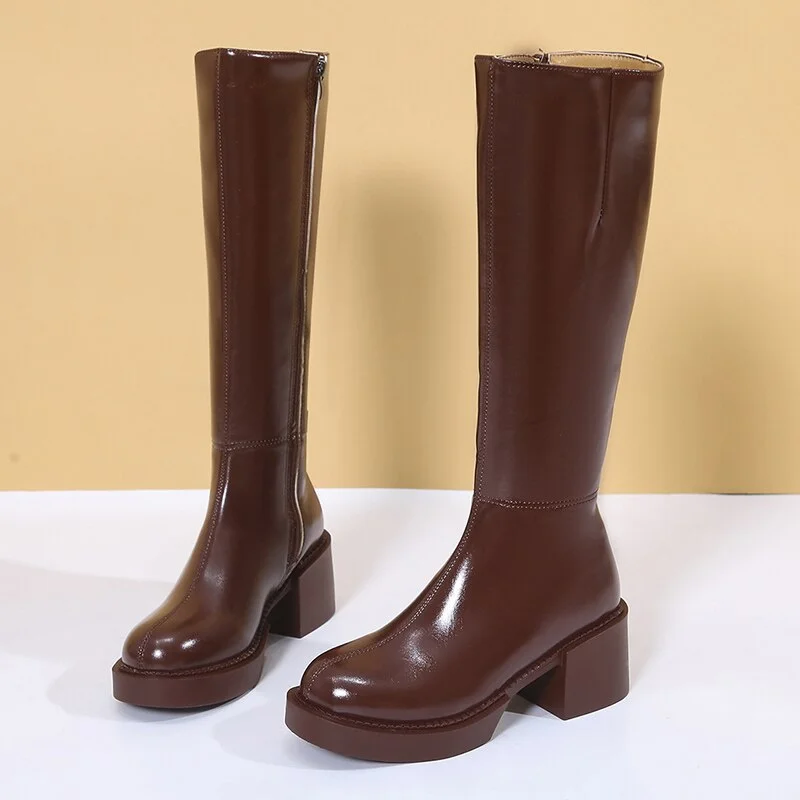 Women's Fashion Thigh High Long Boots Solid Square Heels Ladies Shoes Autumn Winter Soft Leather Zip Female Knee High Boots 2021